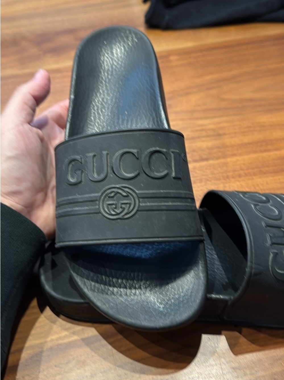 Gucci Black Embossed Logo Rubber Slide Sandals